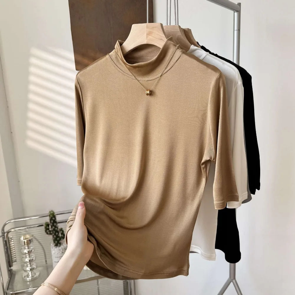 2026 Women's Spring/Summer New 100% Natural Mulberry Silk (Knitted) Basic Solid Color Half High Neck Mid Sleeve Bottom Shirt