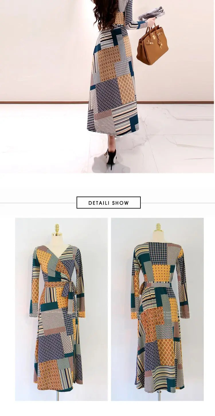 Vintage Print V-neck Lace-Up Maxi Dress | Korean Slim Long Sleeve.