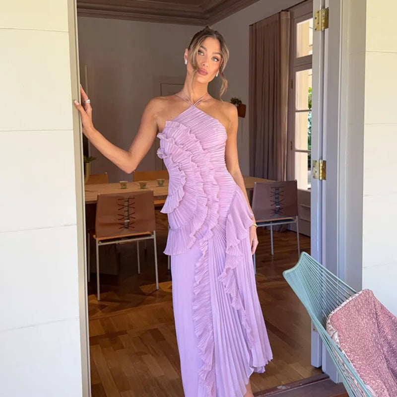 Elegant Purple Halter A Line Prom Dress With Chiffon Ruffles Tiered Backless Gown For Prom Night