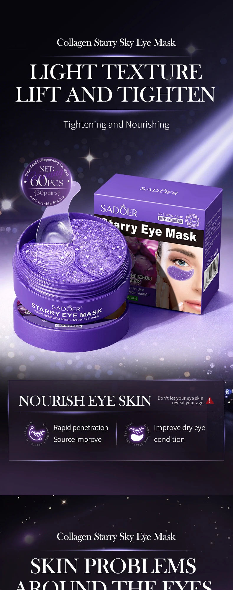 60pcs SADOER Grape Crystal Collagen Eye Mask Anti Dark Circles Under The Eyes Moisturizing Anti-Wrinkles Anti-Aging Eye Patches