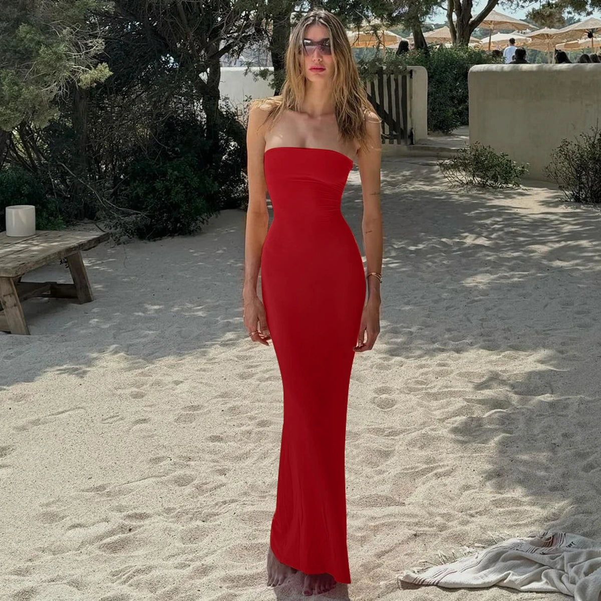 Summer Women Y2K Clothes Beach Vacation Party Elegant Women Solid Strapless Backless Bandage Sexy Bodycon Maxi Dress