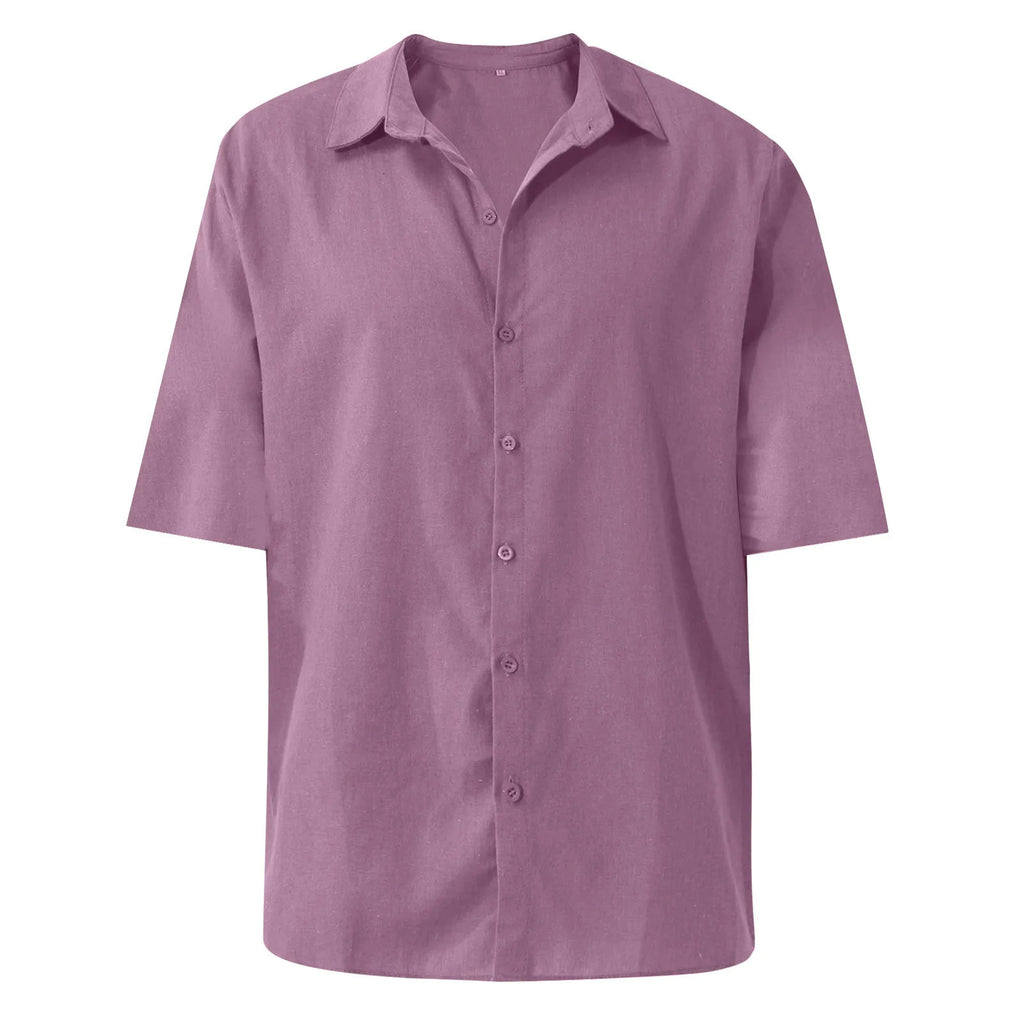 Men'S Short-Sleeved Shirts Cotton Linen Summer Solid Color Turn-Down Collar Quick Drying Casual Beach Style Plus Size Shirts