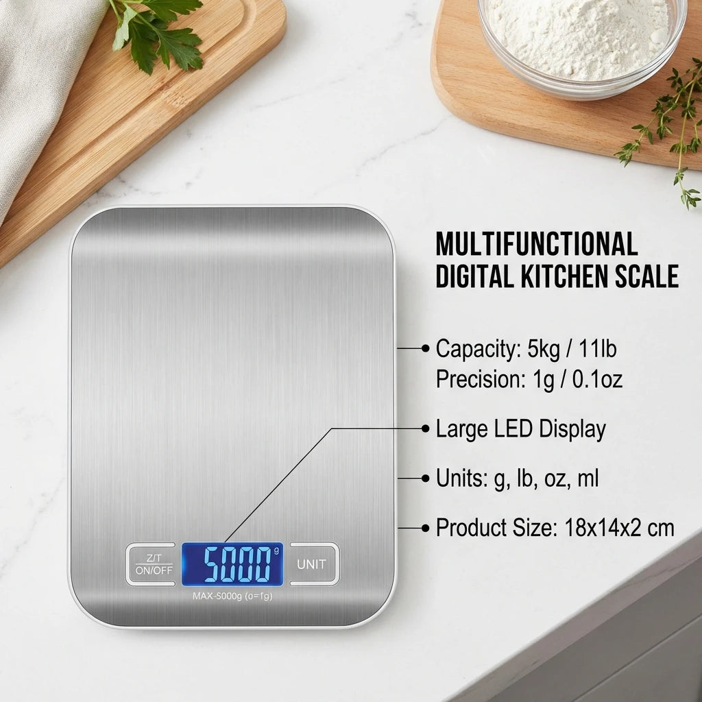 Báscula digital de cocina con pantalla LED de 5 kg/1 g, de acero inoxidable, electrónica, para alimentos, joyas, aperitivos, repostería, herramientas para el hogar