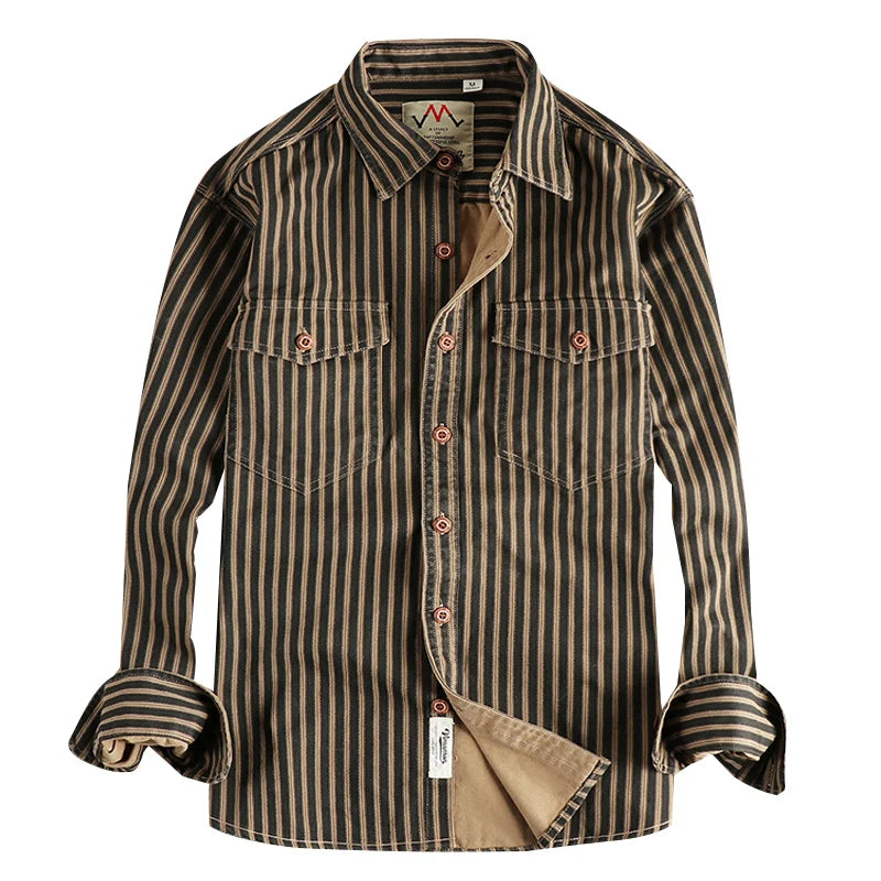 2025 Autumn And Winter New American Retro Stripe Long-Sleeve Lapel Shirt Men'S Fashion Washed Multi-Pocket Casual Blouses