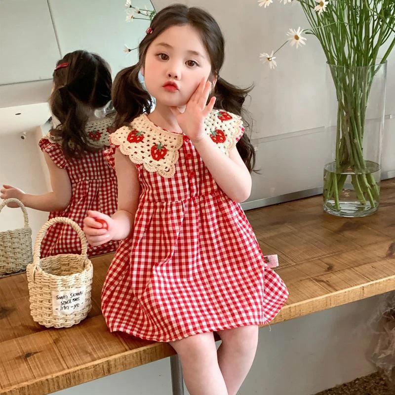 Humor Bear Girl Casual Dress 2026 New Fashion Strawberry Crochet Collar Plaid Flying Sleeve Dress Cute Outfits Girls Vestidos