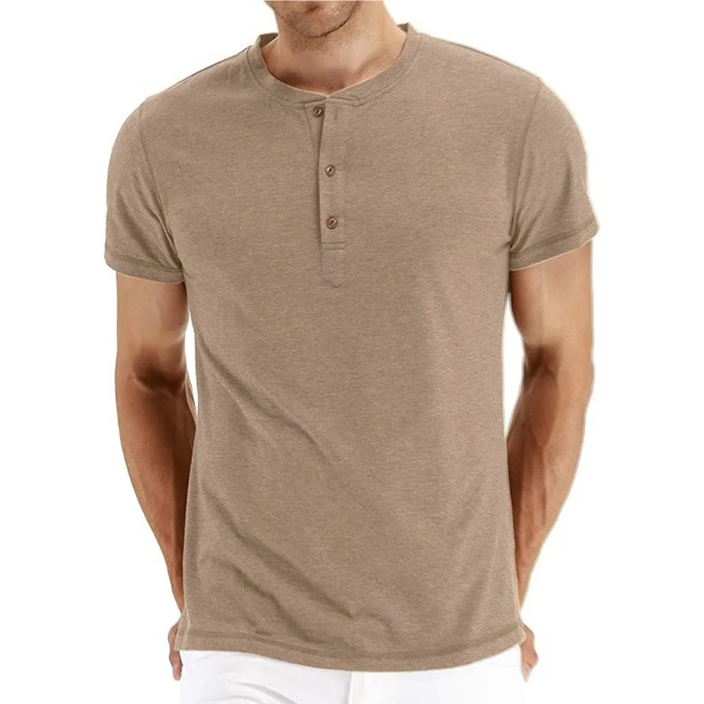 Brand Quality Cotton Men T-Shirt Henry Neck Fashion Design Slim Fit Solid T-Shirts Male Tops Tees Short Sleeve T Shirt For Men