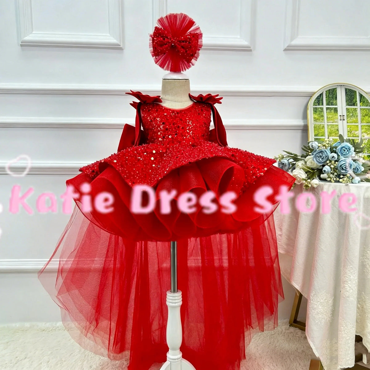 Customized Shiny Flower Girl Dress For Wedding Tulle WIth Bow Puffy Sequins Puffy Kids Birthday Party First Communion Ball Gowns