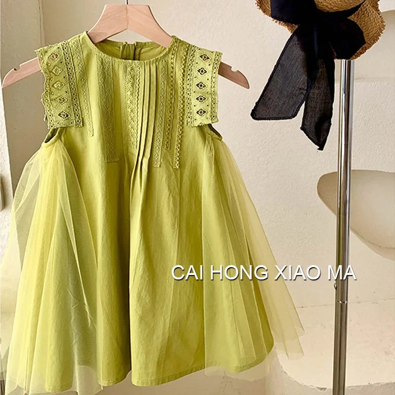 New Summer Princess Girls Dress Sleeveless Lace Mesh Dress For 2-8 Years Old Kids Children Birthday Present Clothes