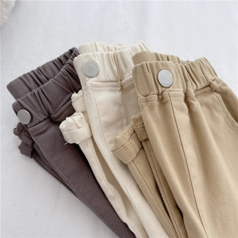 2-7Y New Autumn Casual Pants Solid Color Elastic Waist Pants with Side Pockets for Boys Girls Cotton Trousers Daily