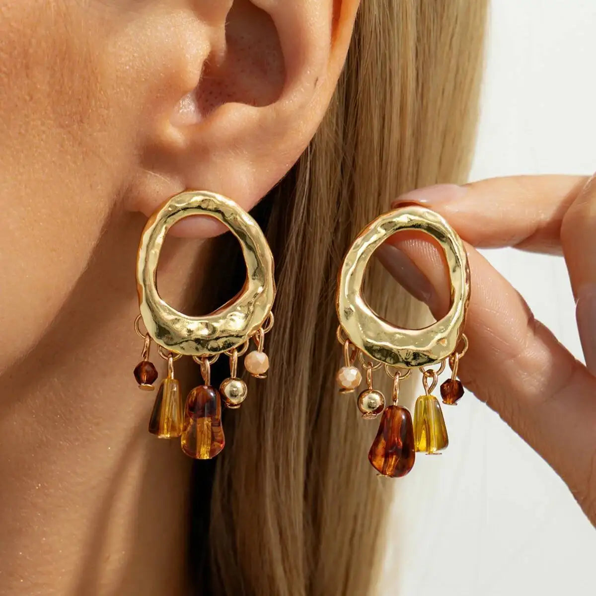 Shixin Vintage Acrylic Beads Tassel Stud Earrings For Women'S Creative Gold Color Hollow Geometry Earrings Fashion Jewelry