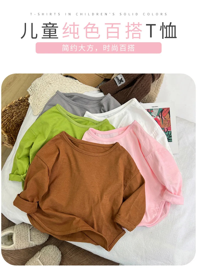 100% Cotton Children Simple T-Shirt Solid Color Versatile Short Sleeve Tops For Boys And Girls Summer New Baby Bottoming Shirt