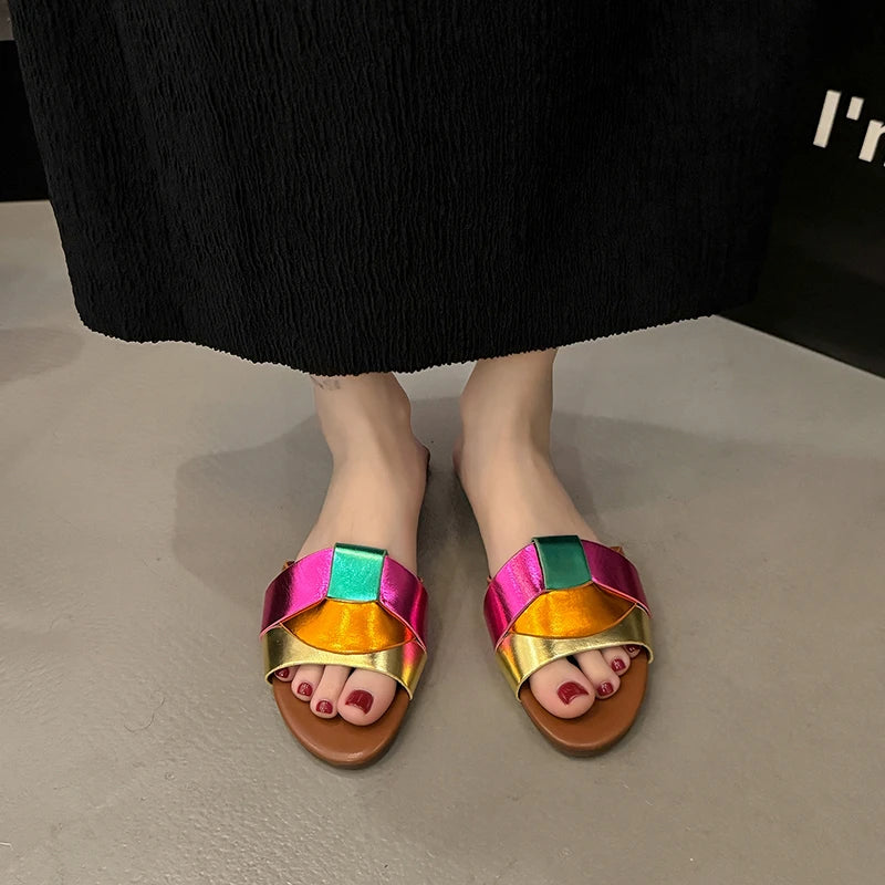 NAZSQ Women's Open Toe Flat Slides - Casual Summer Sandals