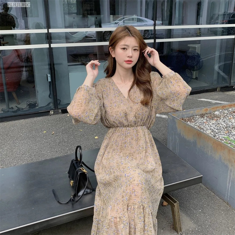 Chic Korean Clothes Design 2022 Autumn Spring Womens V Neck Elegant Lady Floral Printed Retro Vintage Long Maxi Dress