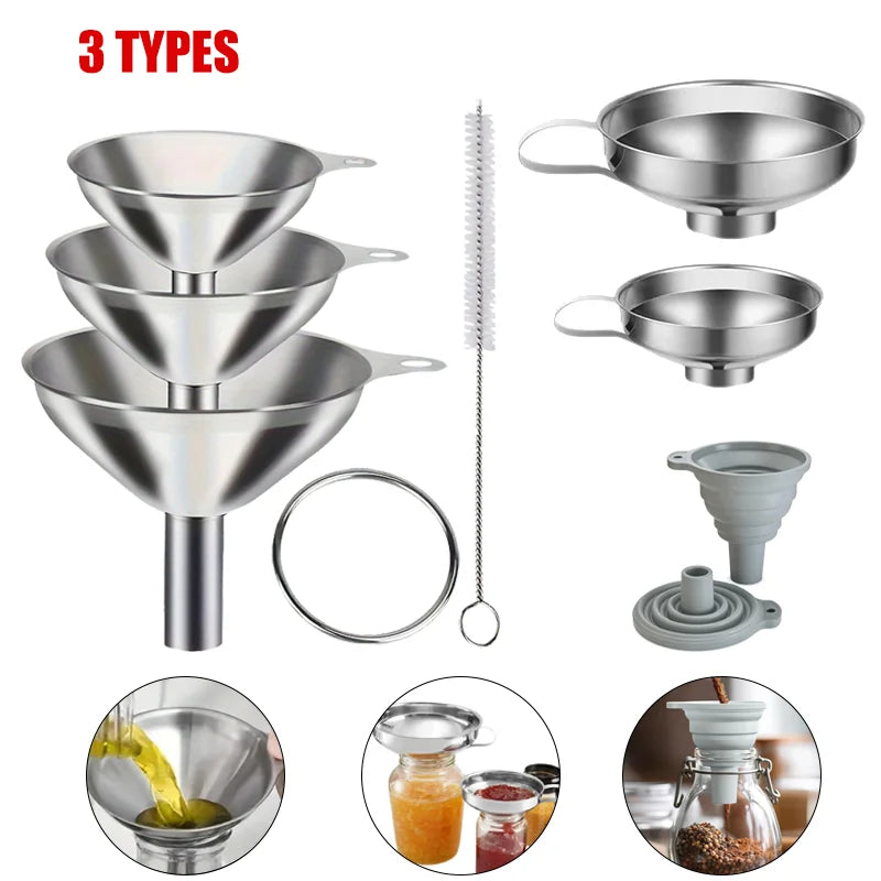 Juego de 3 embudos de cocina de acero inoxidable, embudos pequeños, embudo de boca ancha para tarros, embudo de silicona de grado alimenticio, accesorios de cocina