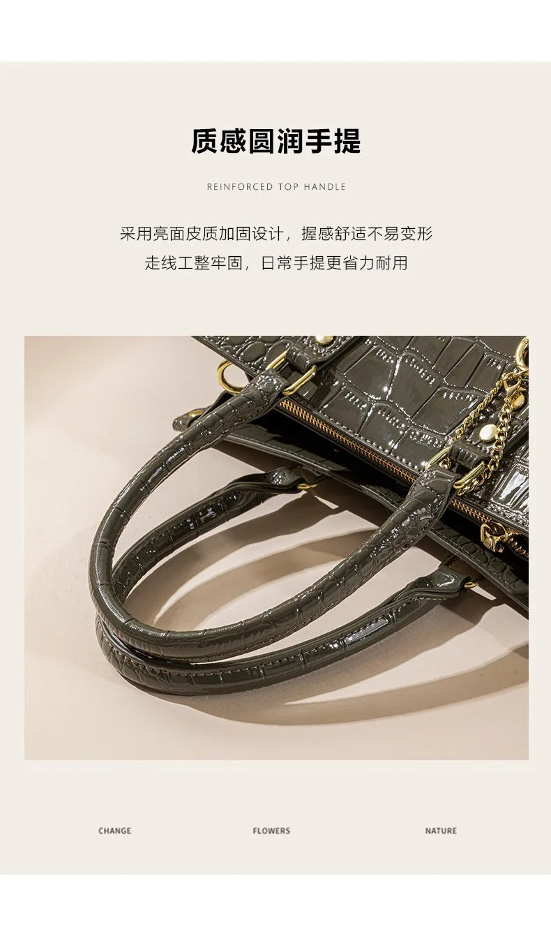 Shiny Crocodile Pattern Top-Handle Bag Women Glossy Patent Crossbody Shoulder Bag Elegant Tote Satchel with Key Pendant