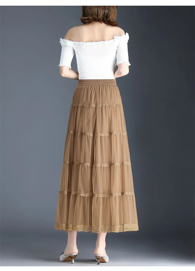 Pop Pop Long Tulle Skirt Women 2024 Spring Summer Elastic High Waist A-Line Mesh Pleated Puffy Skirt Female Elegant Lace Midi Sk