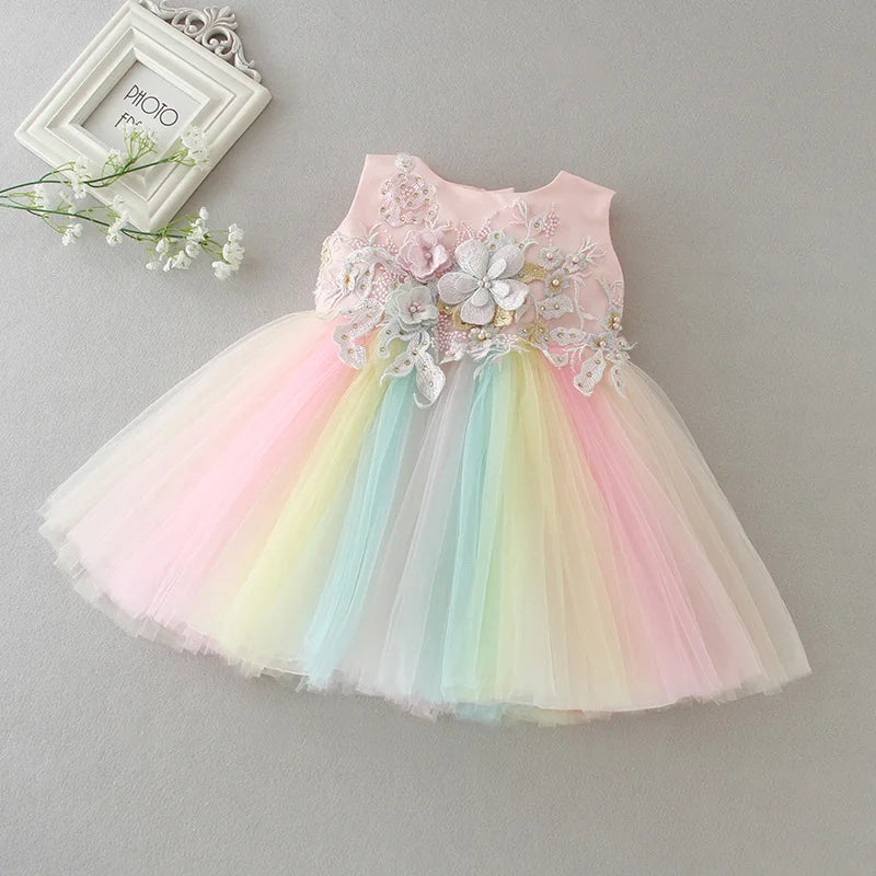 Baby Appliques Formal Princess Dresses for Girl Rainbow Tulle Birthday Party Dress Infant Girl Dress Baby Clothes 3-24M