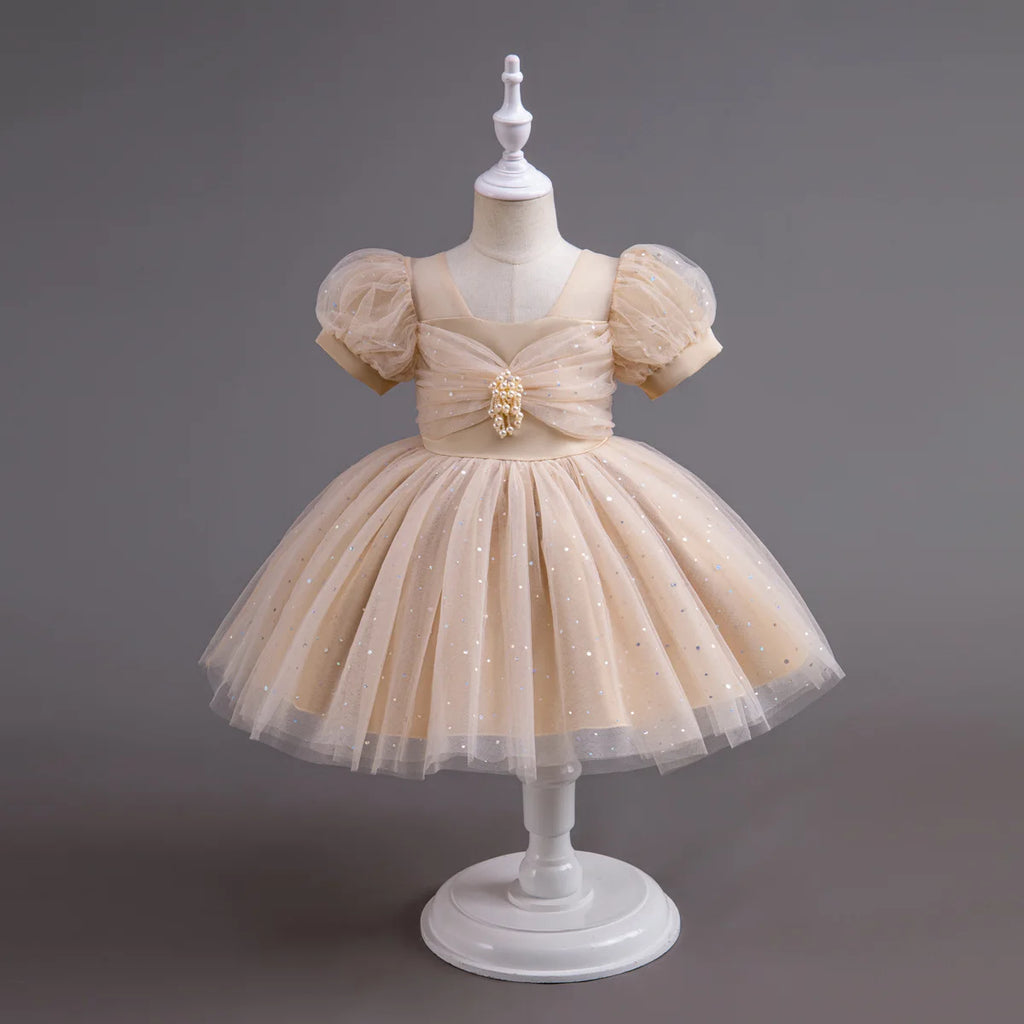 HETISO Pearls Bowknot Kids Girls Dresses Summer Tulle Vintage Elegant Princess Party Gown Children's Gift