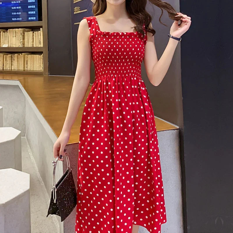 Women's Polka Dot Chiffon Maxi Dress – Elegant Square Neck Sleeveless Summer Dress