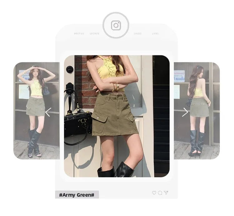 High Waist A-Line Mini Skirt Denim Skirt Women's Multi-Pocket Anti-Light Workwear Half Skirt Street Style Casual Wear