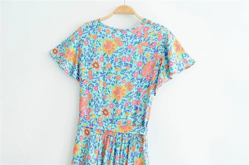 Ladies Sashes Boho Wrap Dresses Robe Bikini Cover-ups Women Floral Print Bat Sleeve Beach Bohemian Maxi Dress