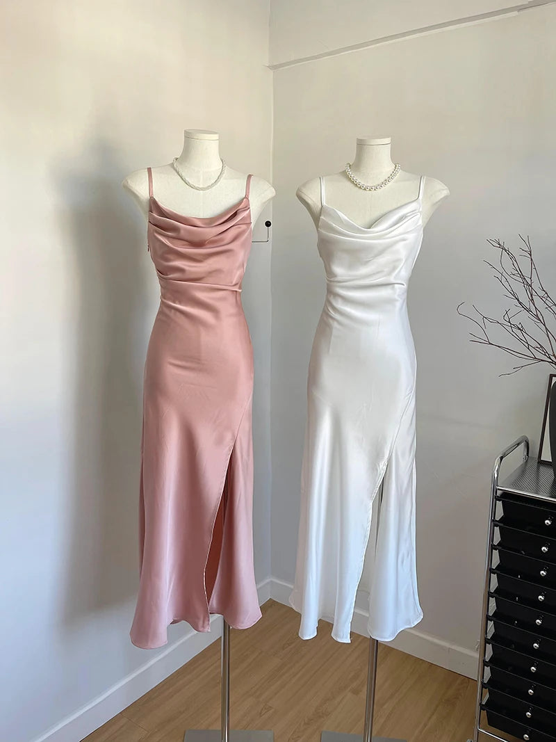 Women's Sexy Swinging Collar Satin Strap Long Dress Lady Summer Solid Color Slim Pleated Wasit Split Party Dress