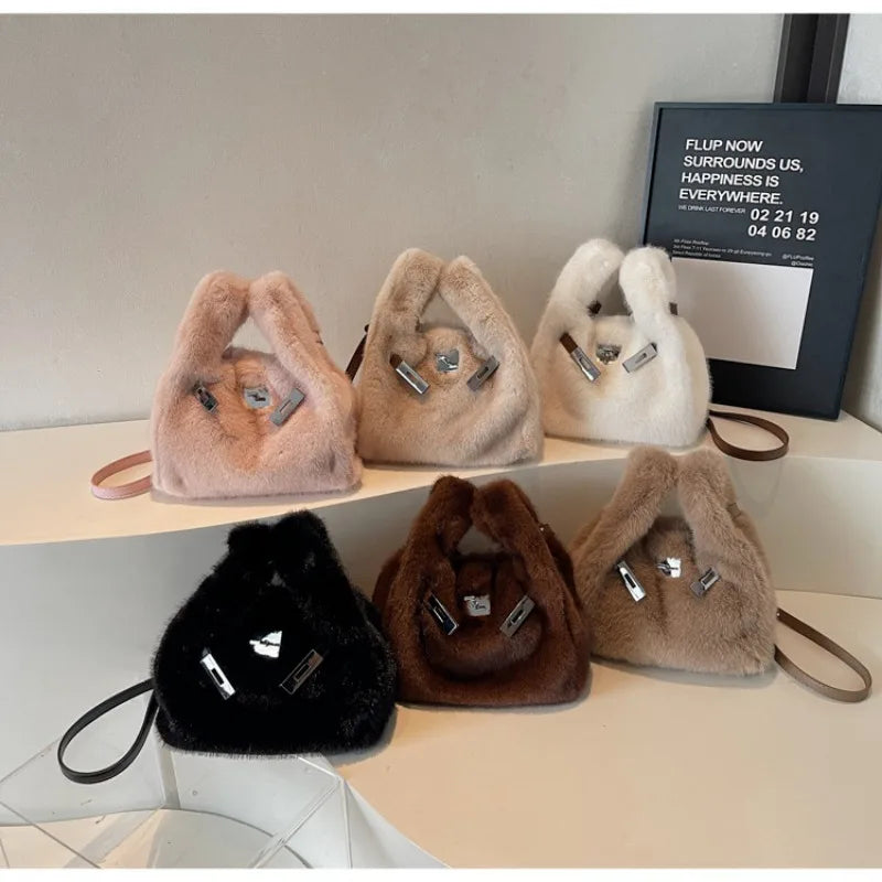 Fashionable Women's Bags Trend 2025 Faux Fur Shoulder Bags Plush Faux Mink Luxury Handbags Chic Crossbody Bag Solid Color Purses