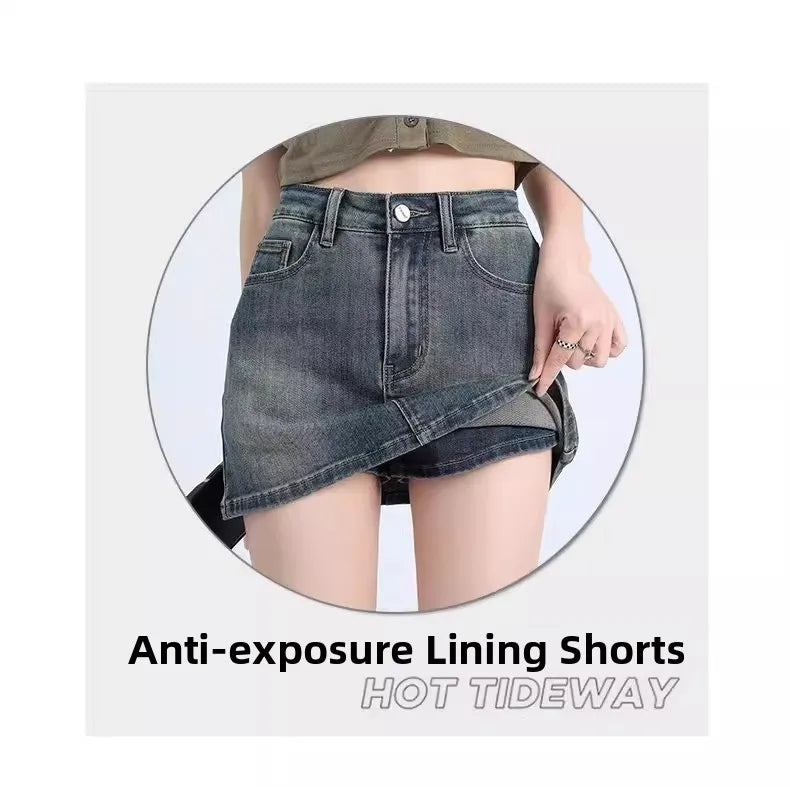 Sexy Retro High Waist Denim  Skirt Women's Anti-Light Versatile Slimming American Hot Girl f-length Summer Skirt