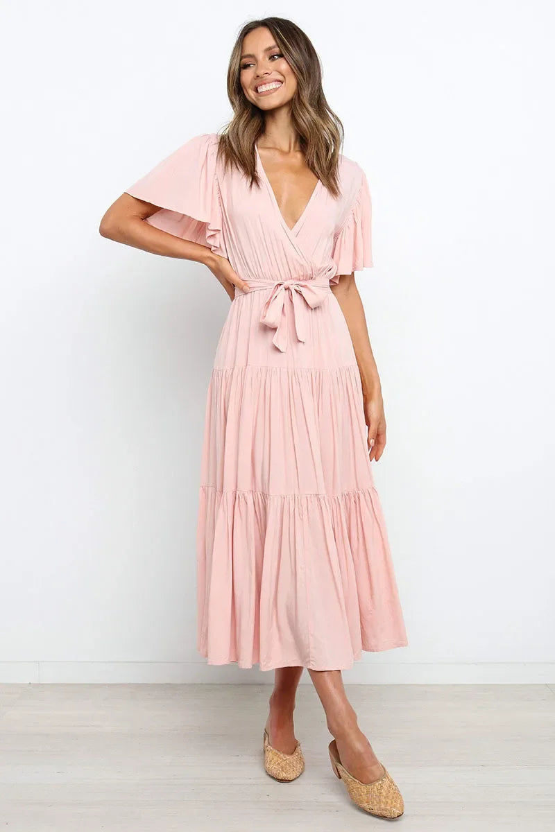 Summer Bohemian Long Dress Pure Color V-Neck Short Sleeve Empire Waist Design Floor Length with Belt Loose Fit Women's Dress