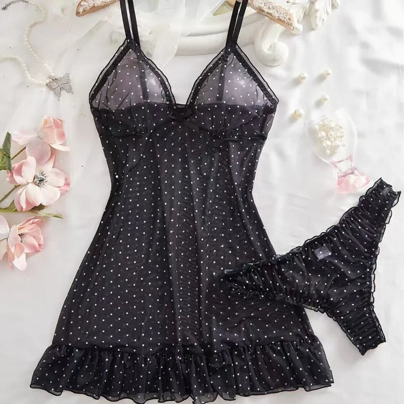 Sexy Women Pink Deep V Polka Dot Stretch Mesh Spaghetti Strap Nightgown Panties Two Piece Sleepwear Lingerie Set