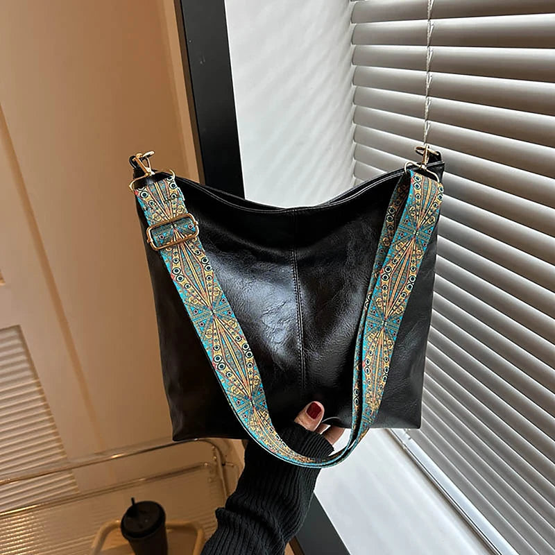 Wide Geometric Strap Shoulder Bag Large Capacity Crossbody Bags For Women,Retro Pu Leather Women's Bag For Shopping Travel