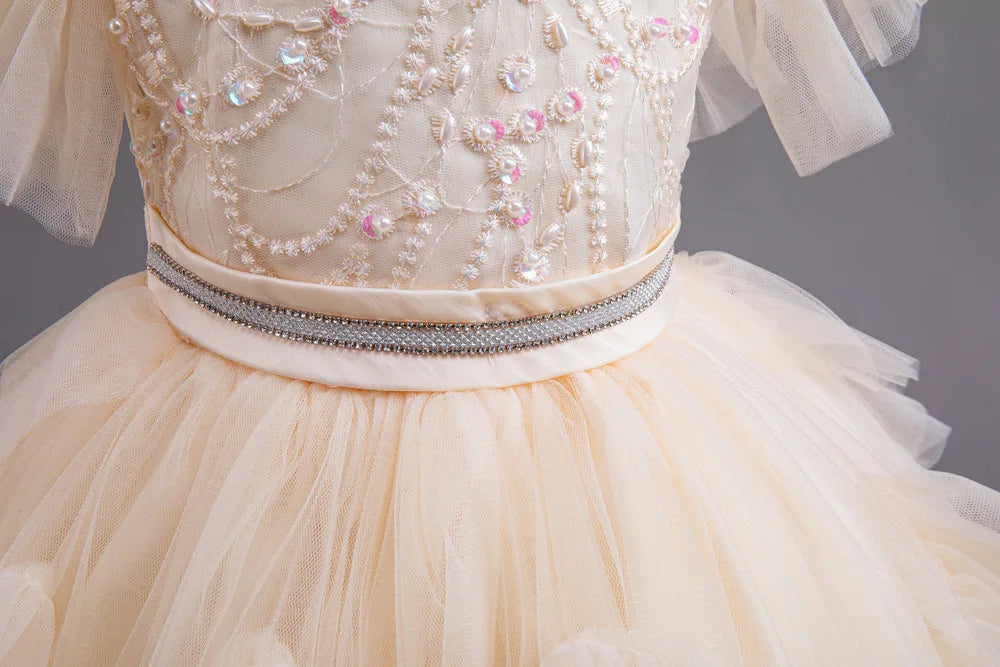 HETISO Girl Christmas Dresses Trailing Kid's Dress for Girls Retro Lace Sequined Children's Wedding Party Ball Gown 6 8 10 Years