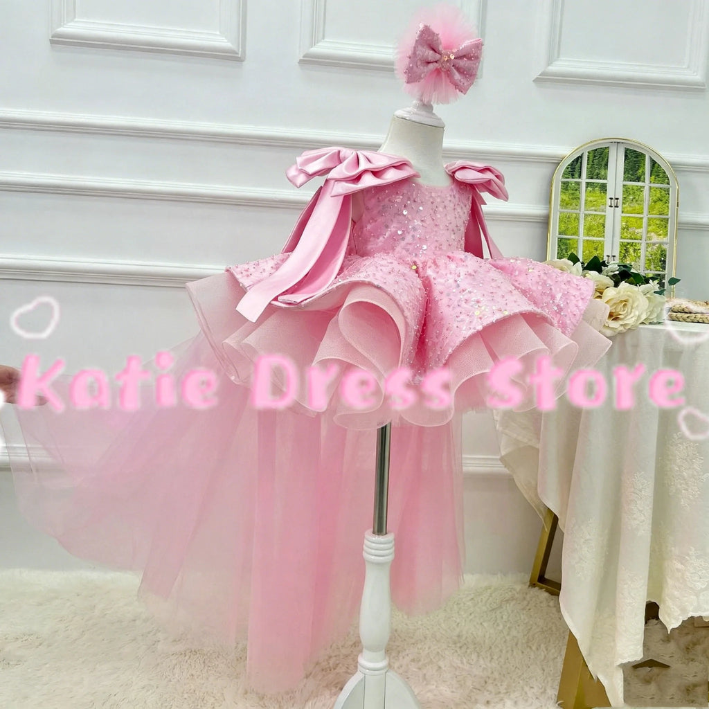 Customized Shiny Flower Girl Dress For Wedding Tulle WIth Bow Puffy Sequins Puffy Kids Birthday Party First Communion Ball Gowns
