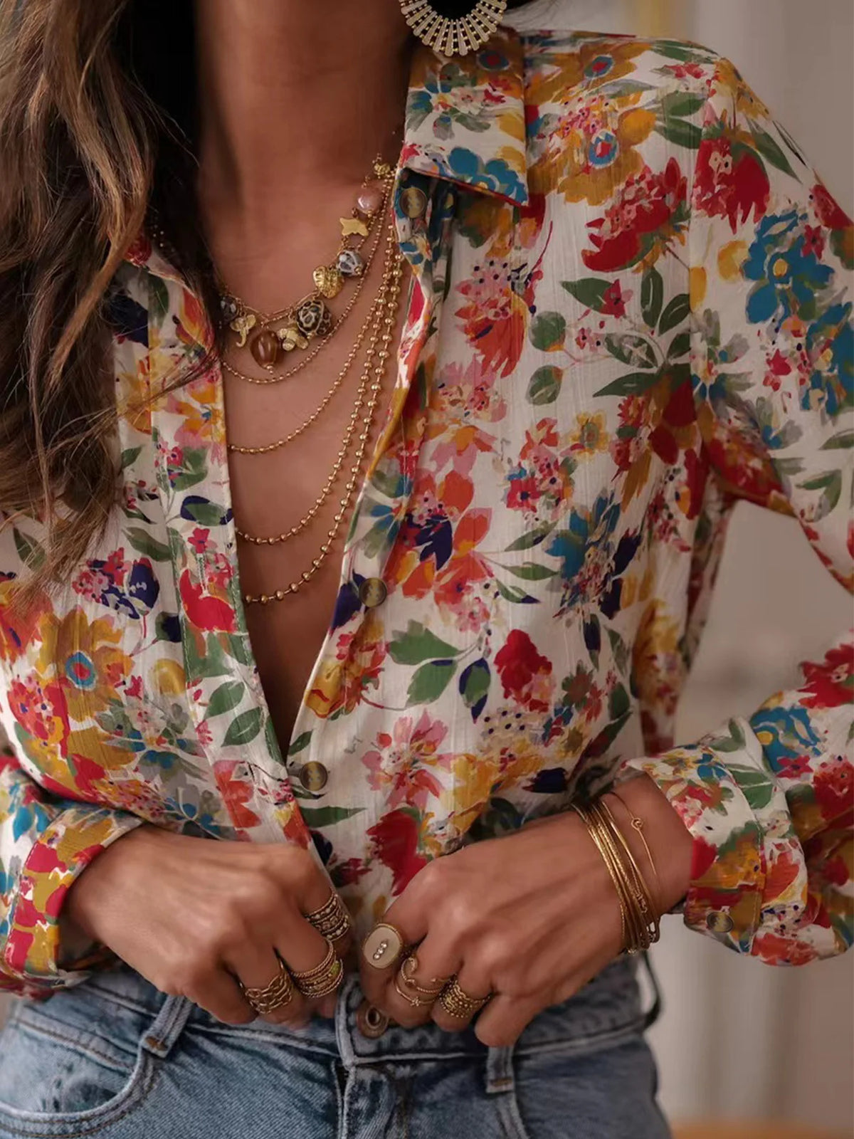 Women's Casual Printed Collar Shirt - Long Sleeve Loose Fit Top