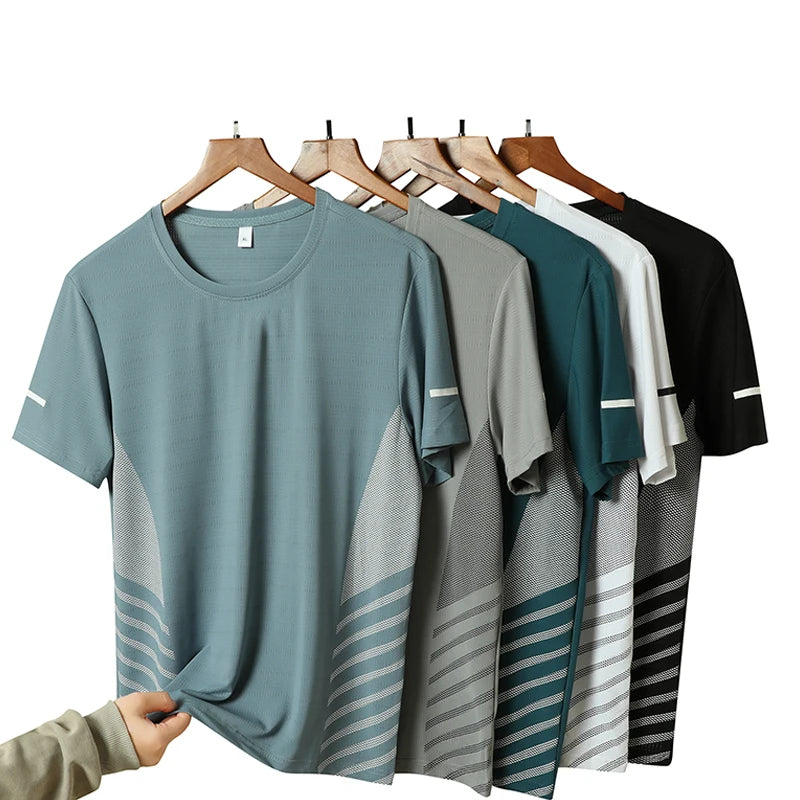 Running T-Shirt Men Summer Ice Silk Thin Top Reflective Printing Quick Dry Short Sleeve Breathable Fitness Sports T-Shirt 5Xl