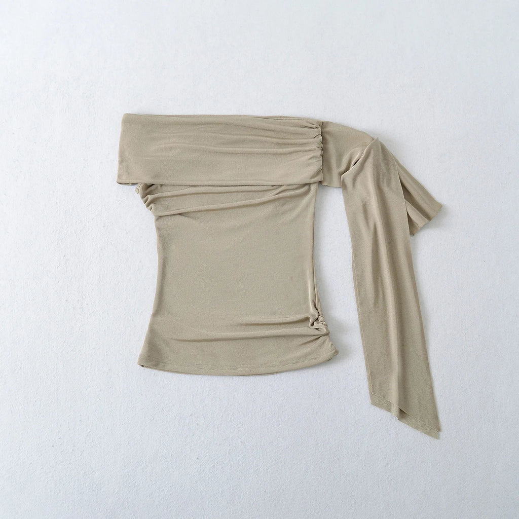 Sexy Pure Desire Short Sleeve T-Shirt Women's Spicy Girl Sash One Shoulder Tube Top Short Length Slim Fit Casual Noble
