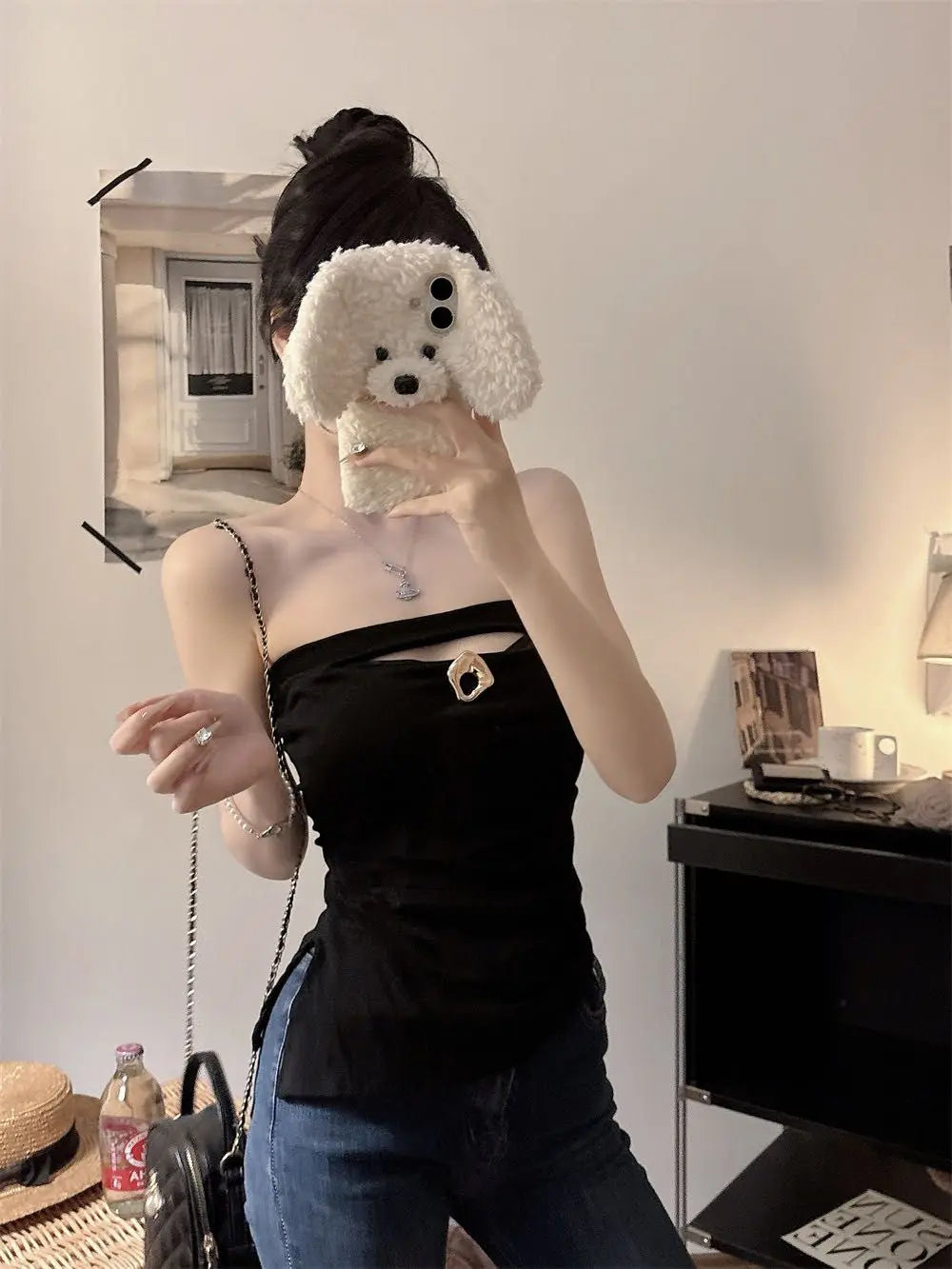 Sexy Slimming Red One-Shoulder Tube Top Women's Summer Fitted Hollow out Chest Pad Korean Style Thin T-Shirt Vest