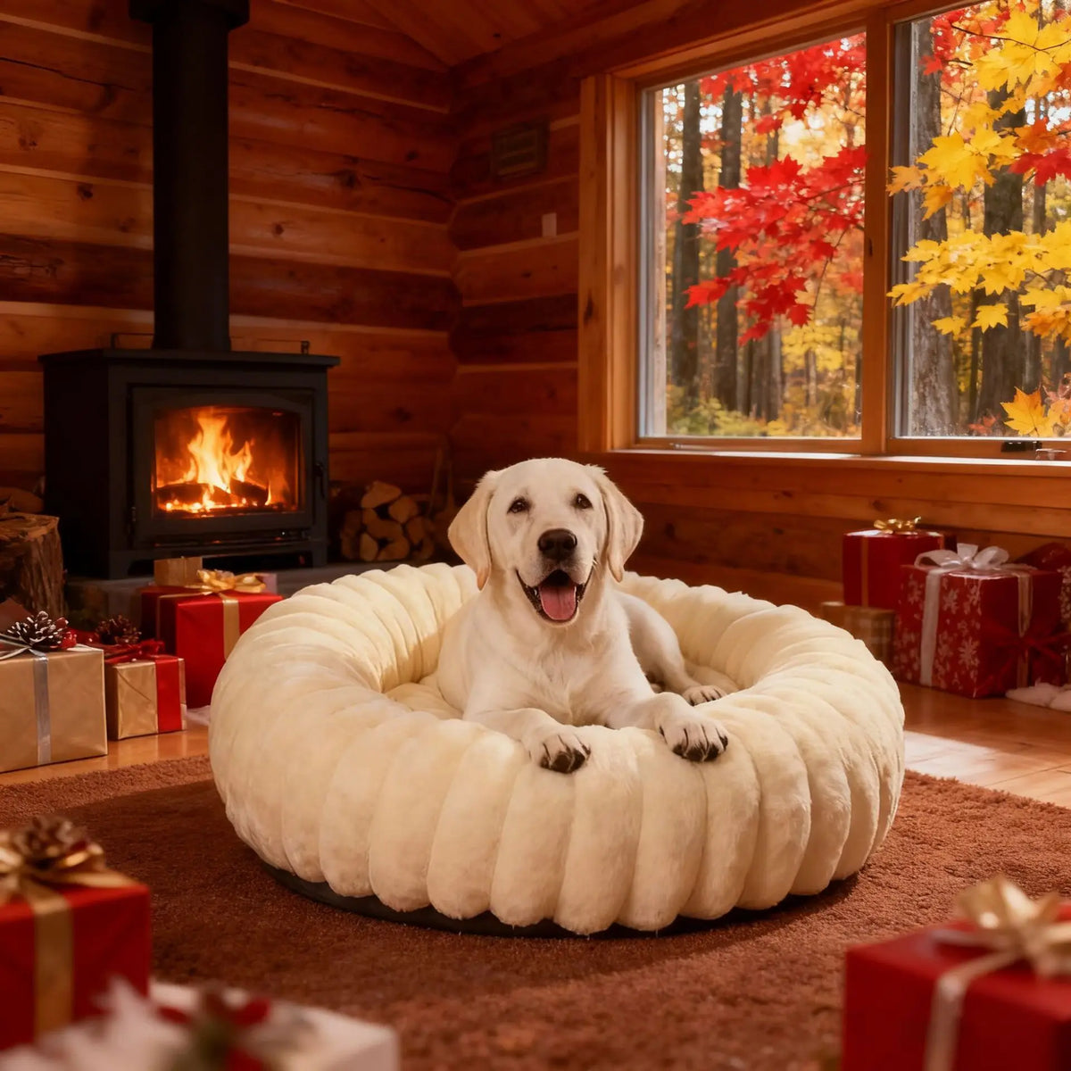 Indoor Cat Bed with Corduroy Rabbit Fur Anti Slip Bottom Donut Dog Bed for Small Dogs Artificial Bed Washable Detachable Cover