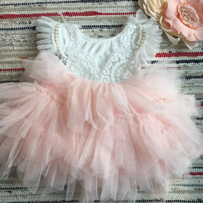 Flower Girl Lace Tulle Dress Elegant Princess Weddings Birthday Party Costumes for 3m To 7y Girls Baptism Festival Ball Gown