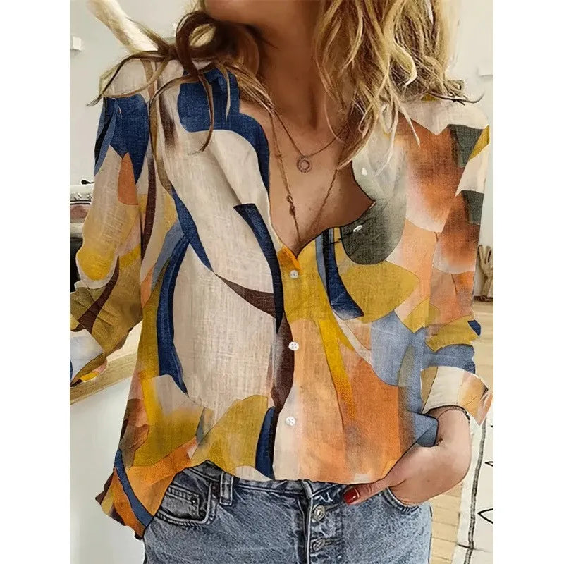 Loose Long Sleeve Women's Shirt Digital Print Lantern Style Comfortable Fit Fashionable Commute Style Geometric Pattern