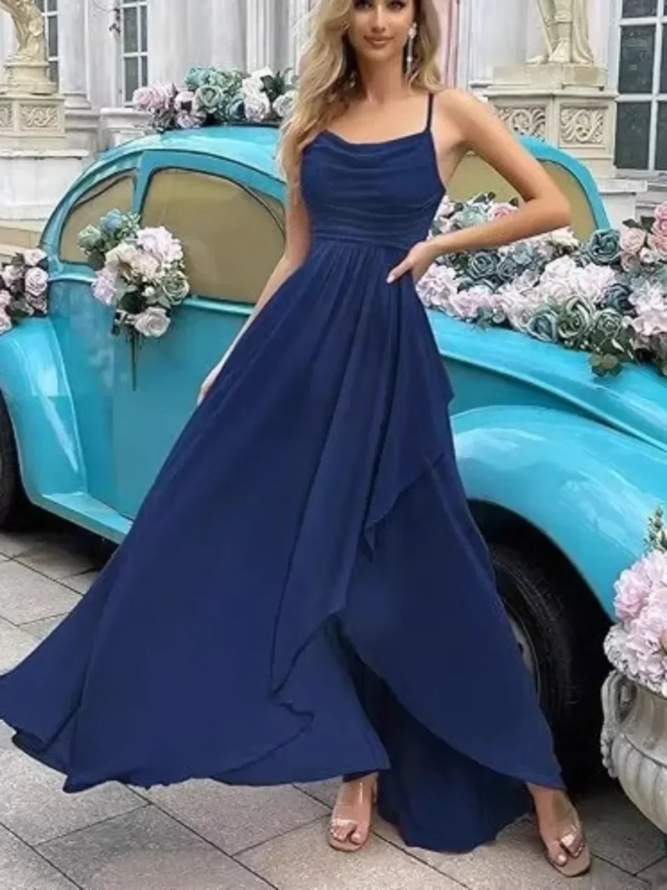 Wedding Party Gown Prom Elegant Pink Spaghetti Strap Draped Cowl Neck Women's Formal Evening Gowns Chiffon High Low Maxi Dresses
