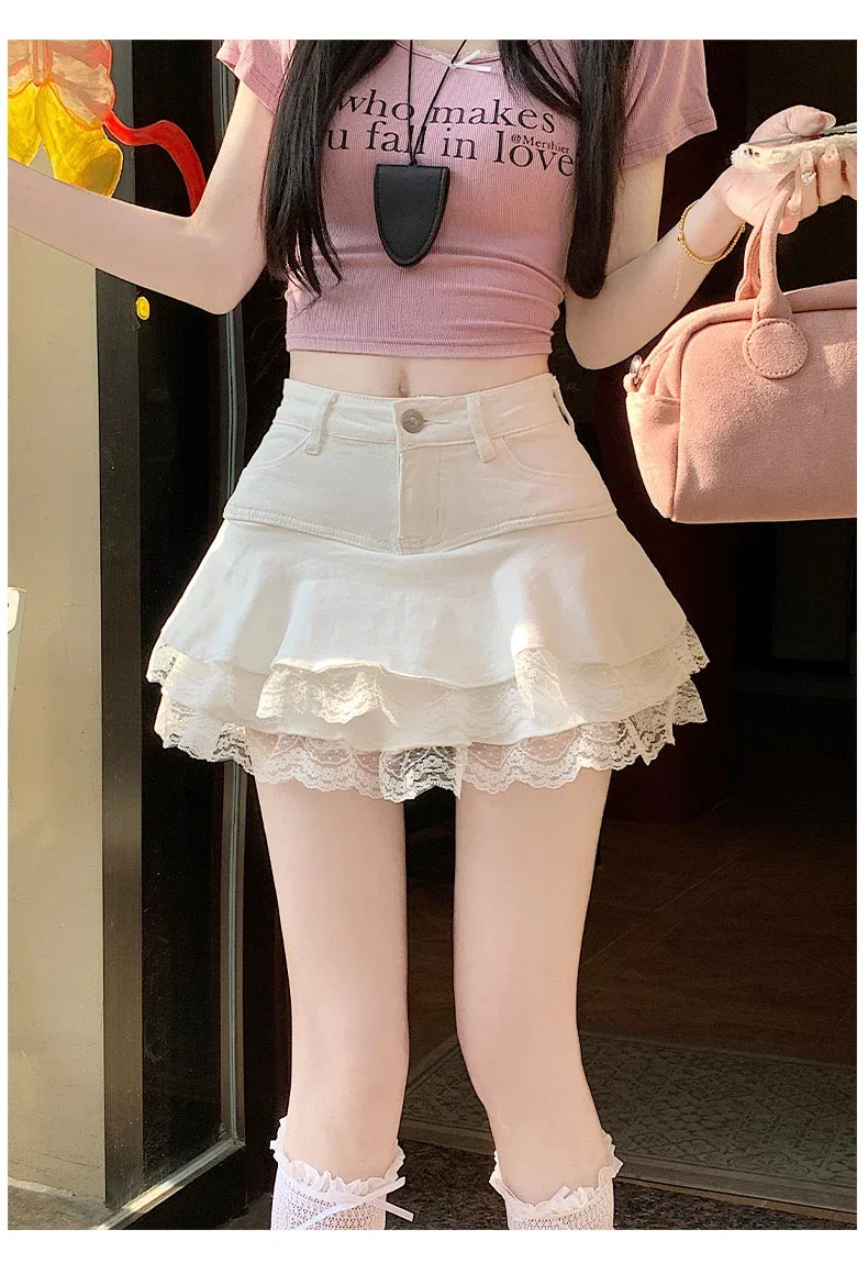 Summer Denim Skirt Women Fashion Streetwear Ruffles Kawaii Lace Skirts Shorts Preppy Mini Y2K School Pleated Jeans Skirt 2026