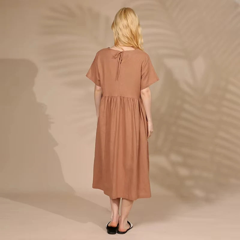 Women Cotton Linen Midi Dresses Summer Chic Female Vestidos Loose A-Line Dress Short Puffy Sleeve Casual Sundress