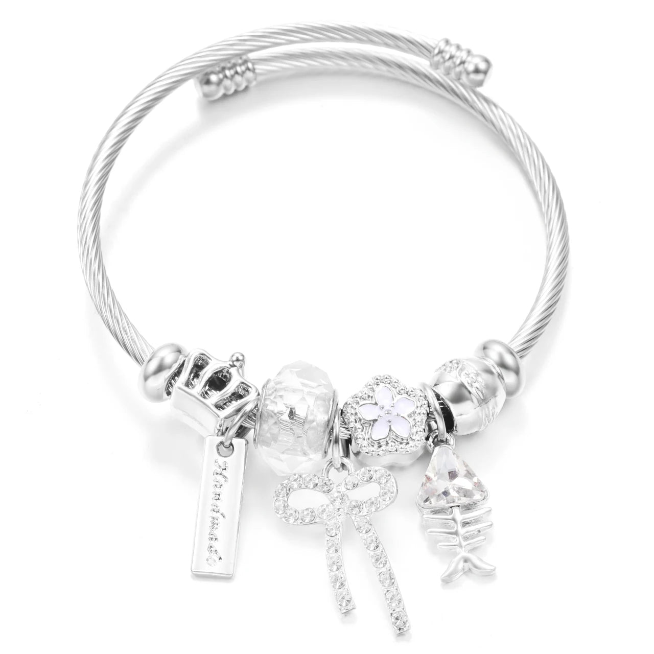 New Trendy Rhinestones Dragonfly Crystal Beaded Pendant Bracelet Stainless Steel 4 Colors Closure Bangles Women'S Bracelet Jewelry