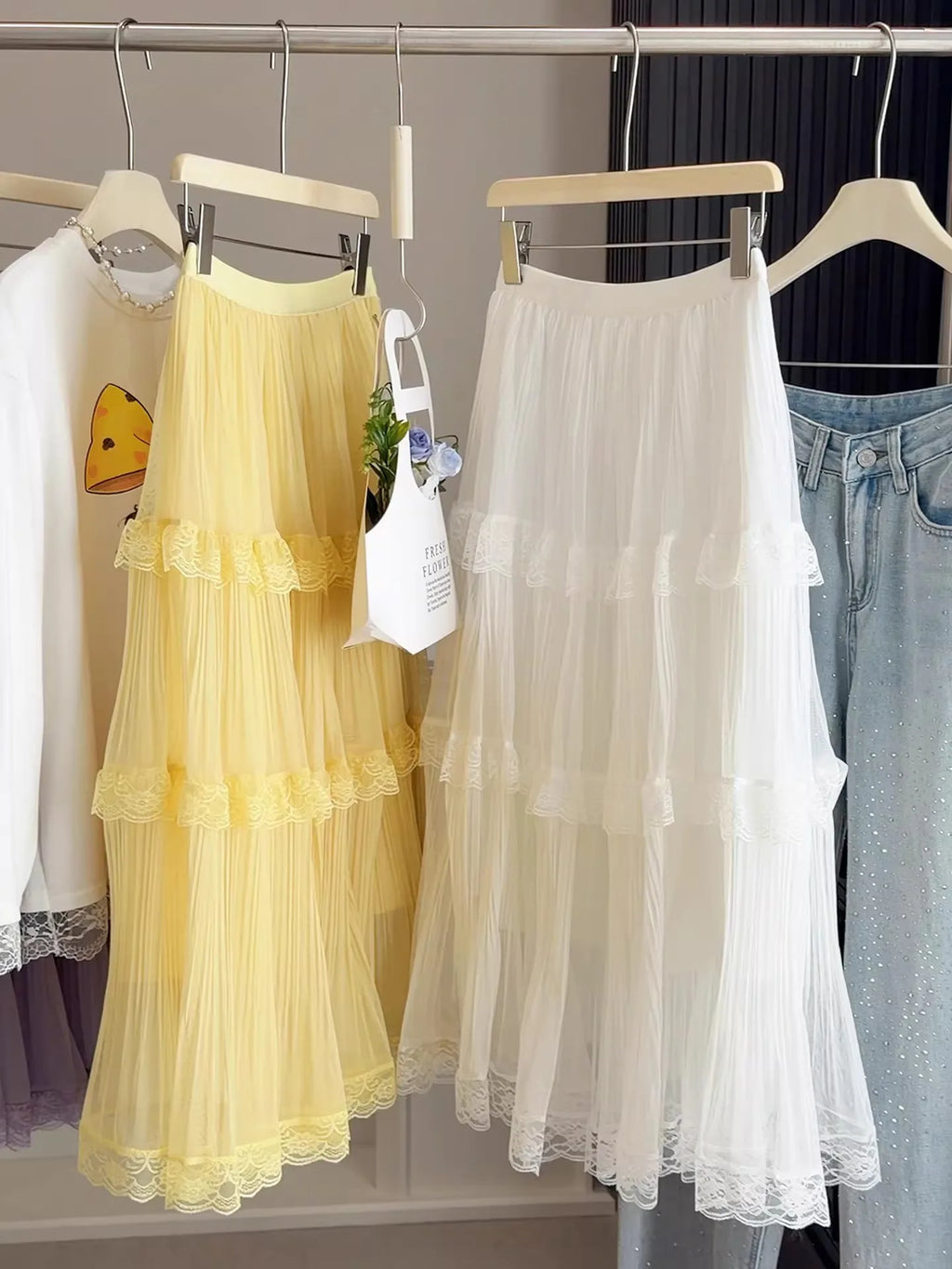 Retro Sweet White Long Skirt Women Casual Loose High Waist Elegant Skirt Vintage Lace Patchwork Korean Summer Long Skirts