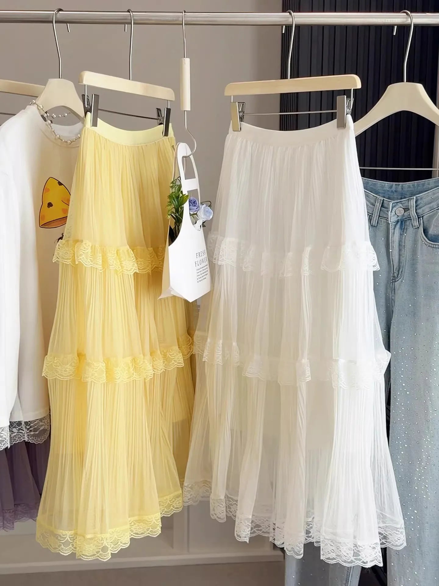 Retro Sweet White Long Skirt Women Casual Loose High Waist Elegant Skirt Vintage Lace Patchwork Korean Summer Long Skirts