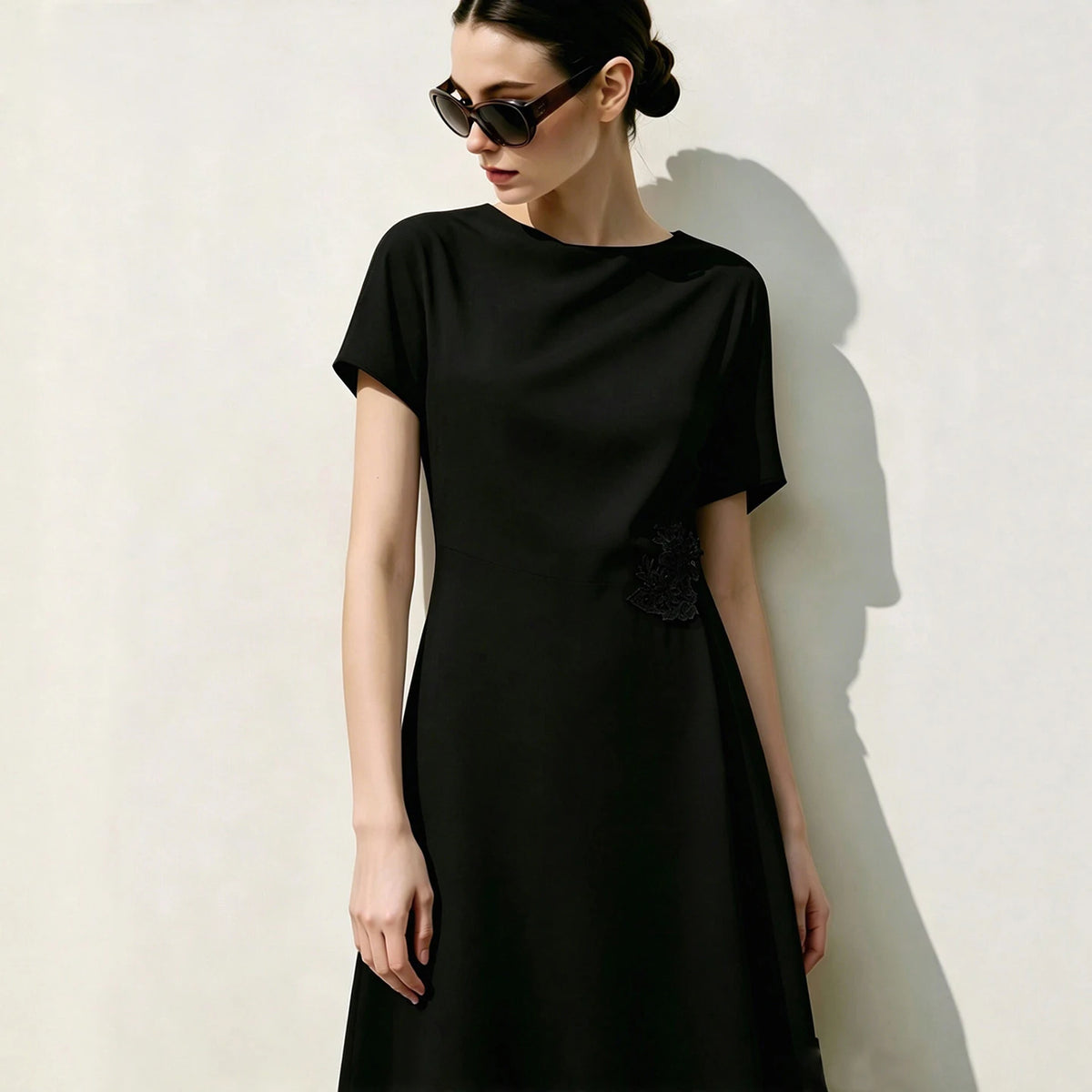 Amii Women's A-Line Midi Dress - Asymmetric Cowl Neck Lace Dress