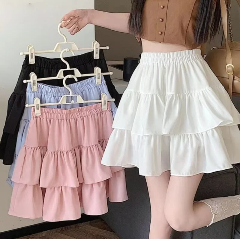 Ruffled Cake Skirts for Women High-waisted A-line Solid All-match Sweet Lovely Girls Korean Style Gentle Spring Kawaii Casual