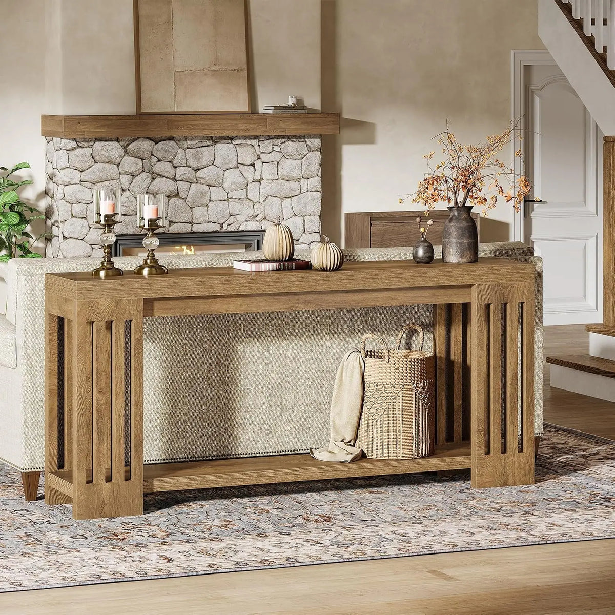 70.9-Inch Extra Long Entryway Table, Farmhouse Sofa Console Table with Vertical Stripe Legs, 2-Tier Entry Furniture for Living R