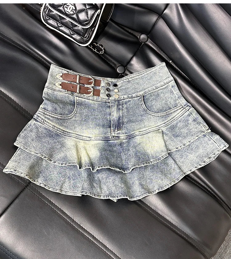 2026 American Pure Desire Spicy Girl Design Elastic Denim Skirt Half-length Pleated Cake Skirt Short Commute High Elasticity